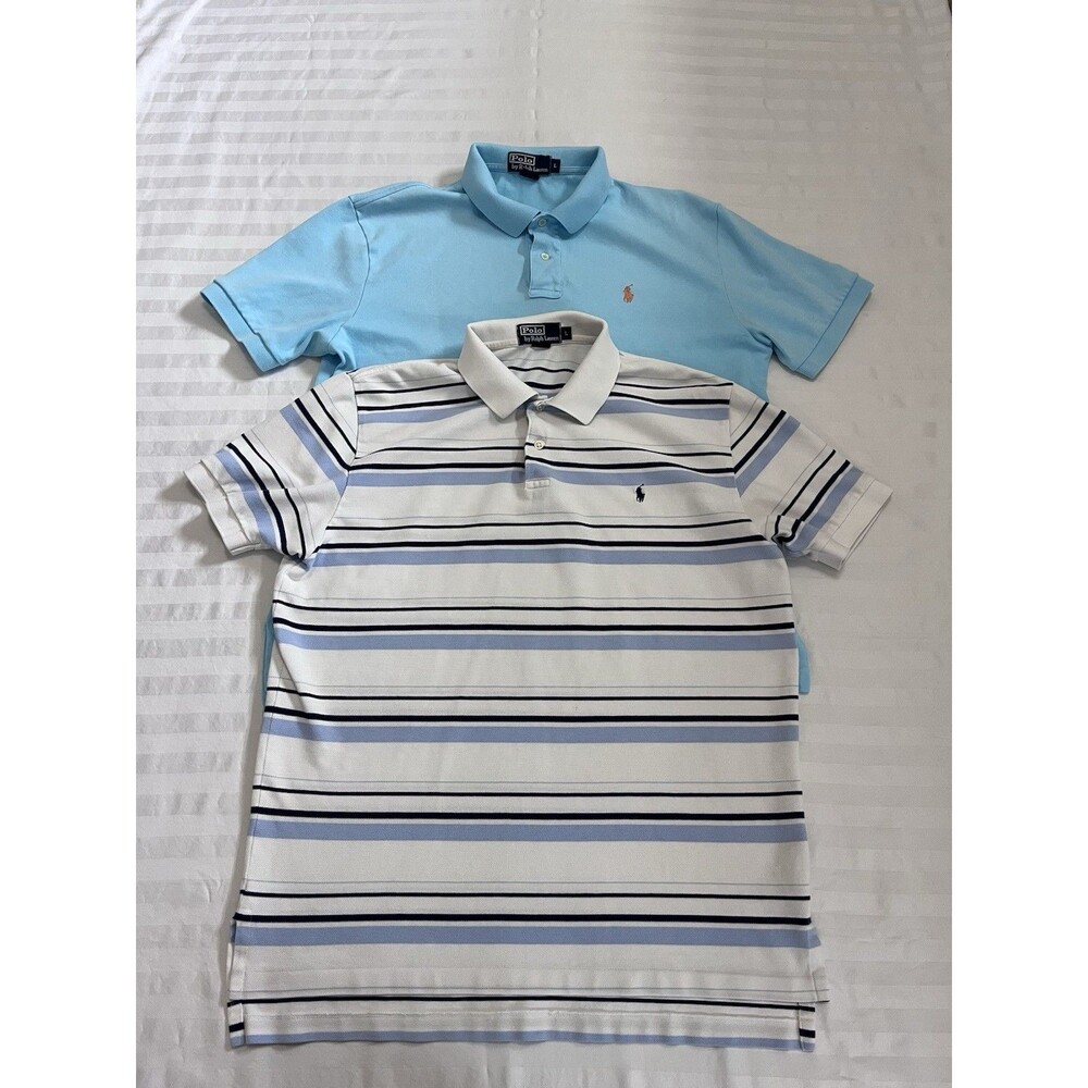 Lot of 2 Polo Ralph Lauren Men Polo Shirts Large Turquoise Blue White Striped
